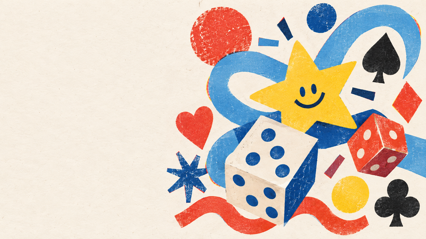 Paper cut game symbols, ribbons, stars and dice